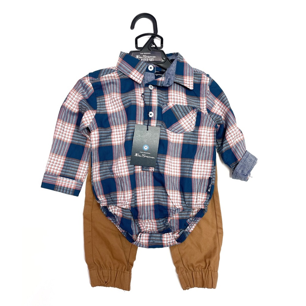 Ben Sherman • plaid onesie and utility pants Outfit • 6-9 months